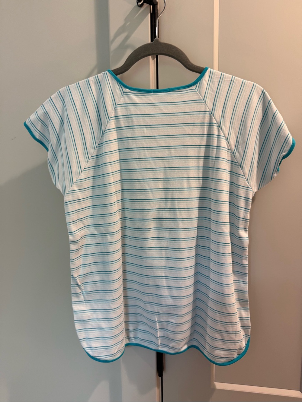 Lake Pajamas Striped Two-Piece Lounge Set in White and Teal Trim - Picture 3 of 5
